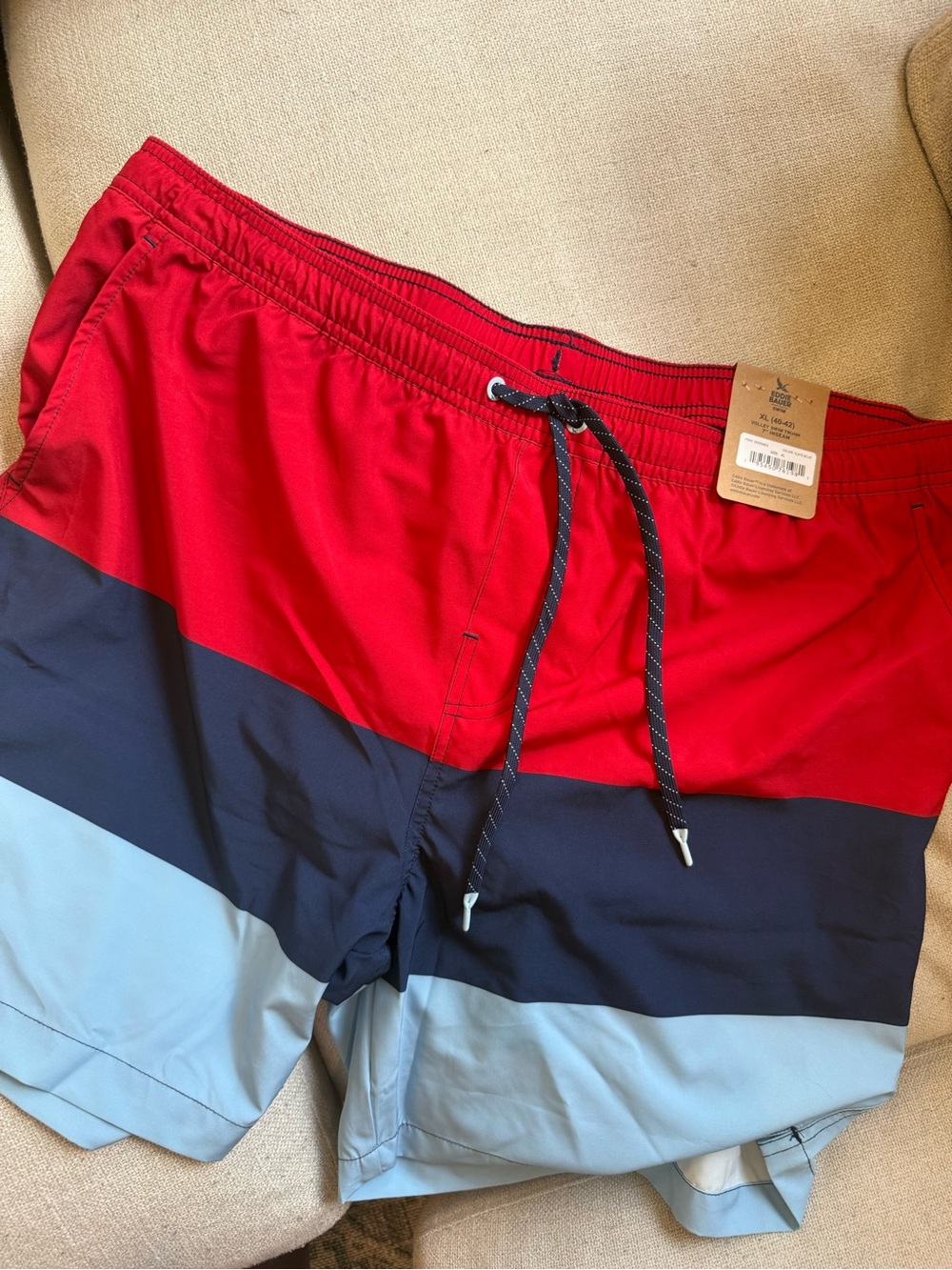 Eddie Bauer Red, Navy & Light Blue Colorblock Swim Trunks